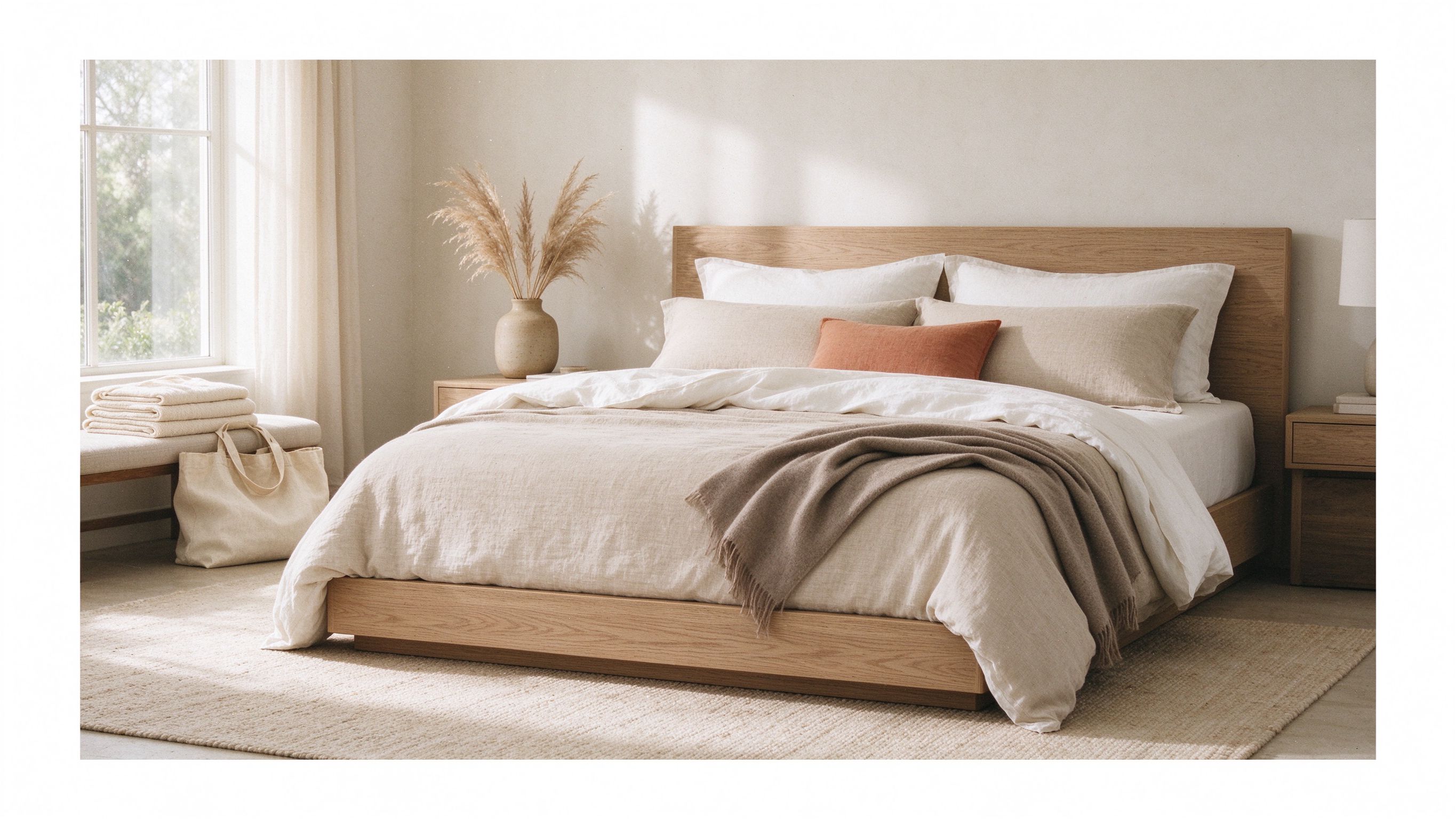Layered oatmeal linen bedding in a sunlit California bedroom