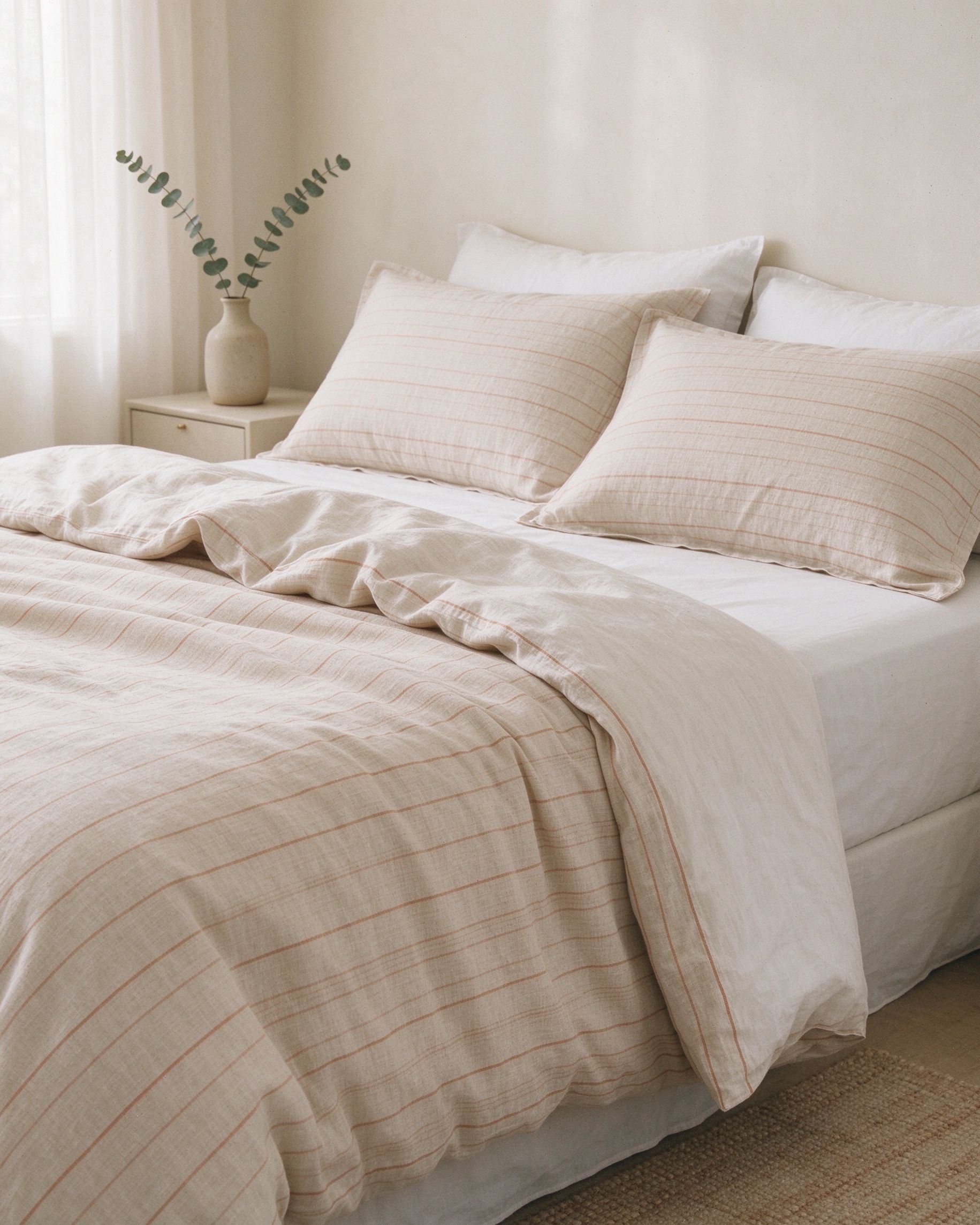 Oatmeal duvet cover set with clay pinstripe